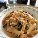 CHICKEN BACON AND PASTA WITH SPINACH AND TOMATOES IN GARLIC CREAM SAUCE
